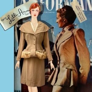 1950s Warm Brown Wool Crepe Lilli Ann Suit Pencil Skirt Blonde Mink Fur Trim